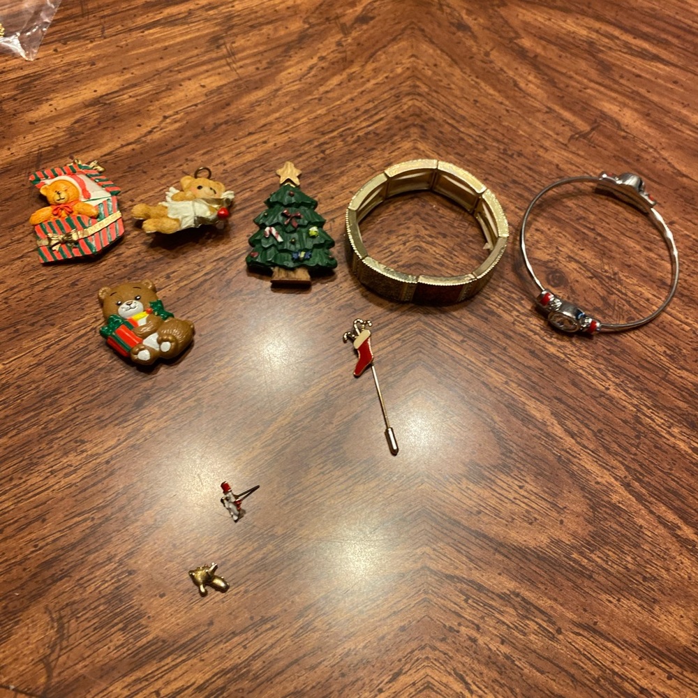 2 bracelet, 4 pins, 1 hat pin and snowman earrings